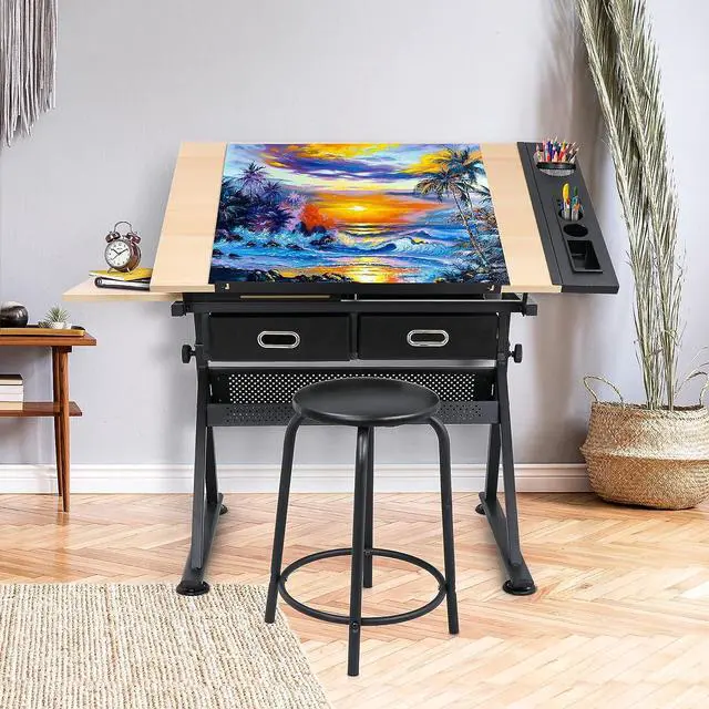 Alt view image 6 of 7 - NOVA MICRODERMABRASION Adjustable Height Drafting Desk Drawing Table Tiltable Tabletop for Reading, Writing Art Craft w/Stool and Drawers
