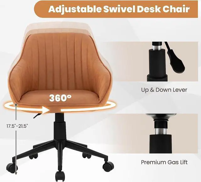 Alt view image 5 of 7 - Giantex Leather Office Chair Brown, Mid Century Desk Chair with Wheels and Ergonomic Armrests, Adjustable Swivel Rolling Task Chair, Upholstered Leisure Arm Chair for Home Office Study Bedroom (1)