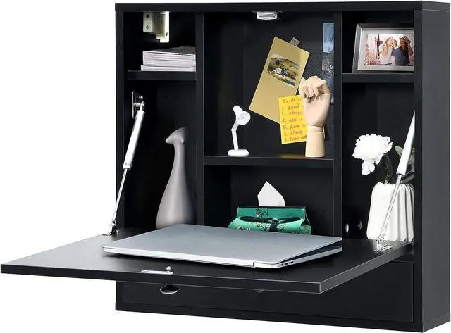Main image of COSTWAY Wall-Mounted Computer Desk, Floating Desk with Storage Drawer & Shelves, Fold-up Desktop & Pneumatic Springs, Ideal for Home, Office, Dormitory, Small Spaces (Black)