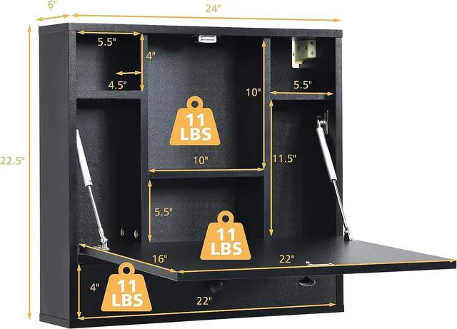 Alt view image 3 of 7 - COSTWAY Wall-Mounted Computer Desk, Floating Desk with Storage Drawer & Shelves, Fold-up Desktop & Pneumatic Springs, Ideal for Home, Office, Dormitory, Small Spaces (Black)