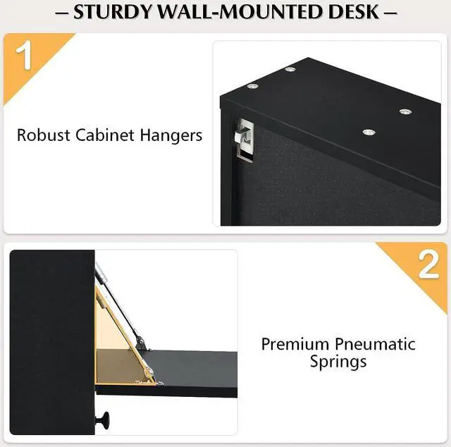 Alt view image 7 of 7 - COSTWAY Wall-Mounted Computer Desk, Floating Desk with Storage Drawer & Shelves, Fold-up Desktop & Pneumatic Springs, Ideal for Home, Office, Dormitory, Small Spaces (Black)