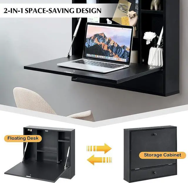 Alt view image 6 of 7 - COSTWAY Wall-Mounted Computer Desk, Floating Desk with Storage Drawer & Shelves, Fold-up Desktop & Pneumatic Springs, Ideal for Home, Office, Dormitory, Small Spaces (Black)