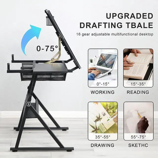 Alt view image 4 of 6 - LifeSky Drafting Table Adjustable for Artists - Art Drawing Desk with Storage for Painting Sketching - Glass Top for Painters Illustrators Cartoonists Black