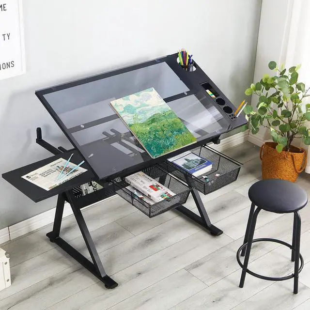 Alt view image 2 of 6 - LifeSky Drafting Table Adjustable for Artists - Art Drawing Desk with Storage for Painting Sketching - Glass Top for Painters Illustrators Cartoonists Black