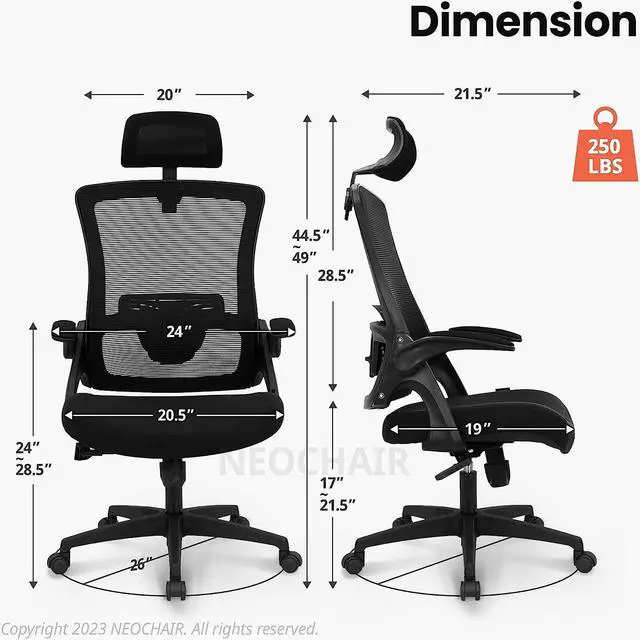 Alt view image 2 of 7 - NEO CHAIR Office High Back Mesh Headrest Adjustable Height and Ergonomic Design Home Office Computer Desk Executive Lumbar Support Padded Flip-up Armrest Swivel Chair (Black)