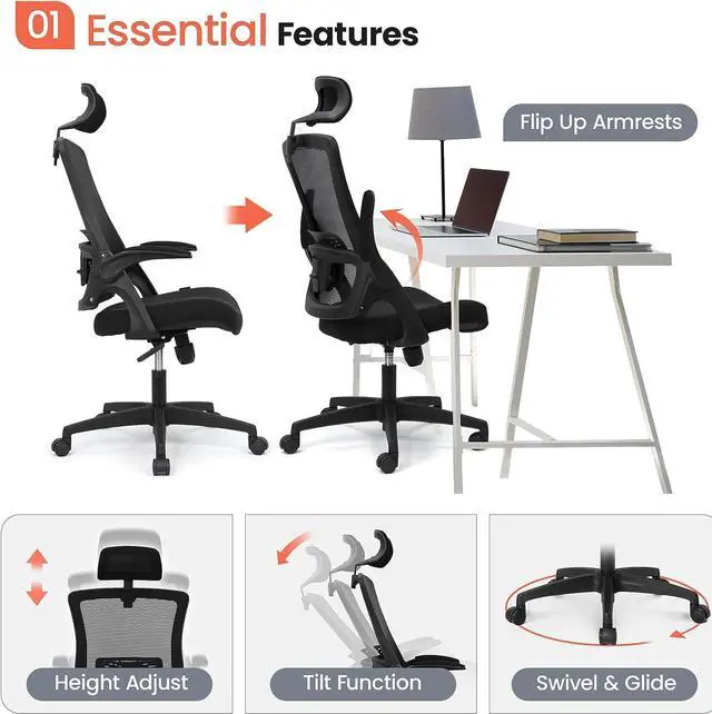 Alt view image 3 of 7 - NEO CHAIR Office High Back Mesh Headrest Adjustable Height and Ergonomic Design Home Office Computer Desk Executive Lumbar Support Padded Flip-up Armrest Swivel Chair (Black)