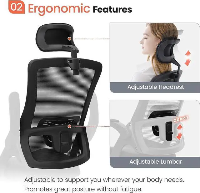 Alt view image 4 of 7 - NEO CHAIR Office High Back Mesh Headrest Adjustable Height and Ergonomic Design Home Office Computer Desk Executive Lumbar Support Padded Flip-up Armrest Swivel Chair (Black)