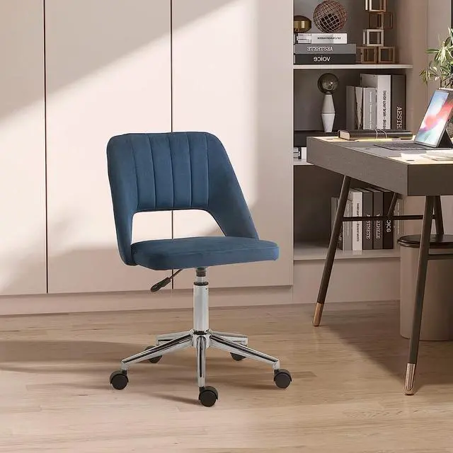 Alt view image 2 of 7 - Vinsetto Mid Back Office Chair Velvet Fabric Swivel Scallop Shape Computer Desk Chair, Blue