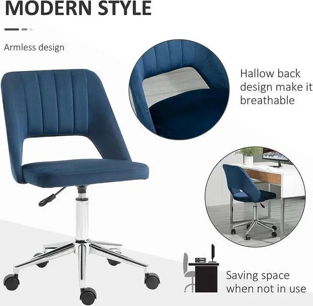 Alt view image 5 of 7 - Vinsetto Mid Back Office Chair Velvet Fabric Swivel Scallop Shape Computer Desk Chair, Blue
