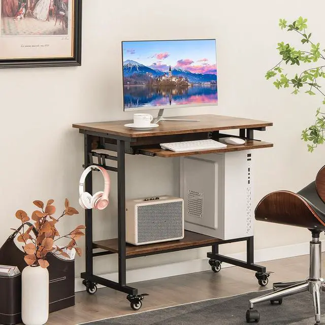 Alt view image 4 of 7 - Tangkula Rolling Computer Desk Cart with Keyboard Tray, Mobile Portable Laptop PC Desk with CPU Stand & 3 Hooks for Sofa & Bed, Industrial Small Desk on Wheels for Small Spaces, Home Office Desk