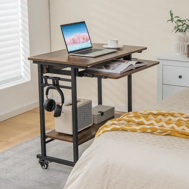 Alt view image 5 of 7 - Tangkula Rolling Computer Desk Cart with Keyboard Tray, Mobile Portable Laptop PC Desk with CPU Stand & 3 Hooks for Sofa & Bed, Industrial Small Desk on Wheels for Small Spaces, Home Office Desk