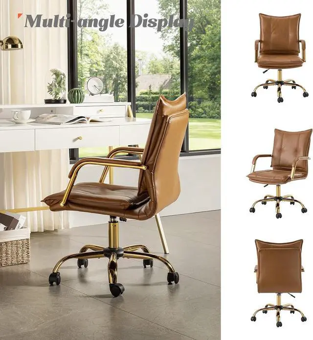 Alt view image 7 of 7 - HULALA HOME Faux Leather Home Office Desk Chair with Golden Legs, Camel | Adjustable Leather Swivel Computer Chair, with Excellent Lumbar Support, Comfy Upholstered Task Chair