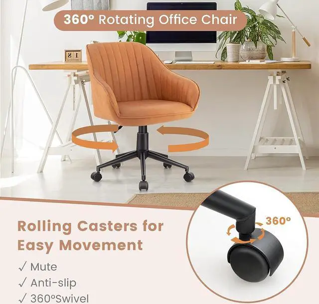 Alt view image 5 of 7 - Modern Home Office Desk Chair, Mid Century Computer Chair Adjustable Swivel Bedroom Makeup Chair with Wheels and Arms Brown (1 Pack)