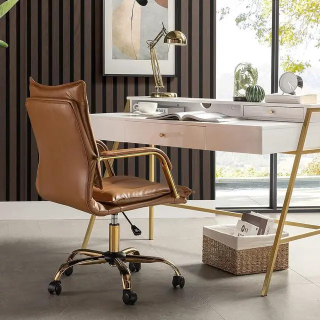 Alt view image 6 of 7 - HULALA HOME Faux Leather Home Office Desk Chair, Adjustable Swivel Computer Chair with Golden Legs and Arms, Comfy Upholstered Task Chair,Camel