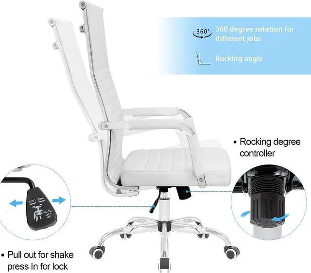 Alt view image 3 of 7 - KaiMeng Ribbed Office High Back PU Leather Desk Adjustable Swivel Task Computer Chair with Armrest for Conference Study Leisure, White