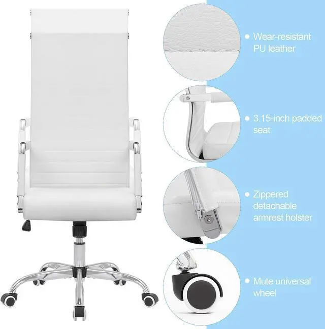 Alt view image 4 of 7 - KaiMeng Ribbed Office High Back PU Leather Desk Adjustable Swivel Task Computer Chair with Armrest for Conference Study Leisure, White
