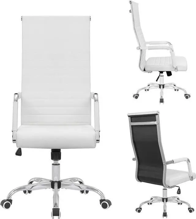 Alt view image 7 of 7 - KaiMeng Ribbed Office High Back PU Leather Desk Adjustable Swivel Task Computer Chair with Armrest for Conference Study Leisure, White