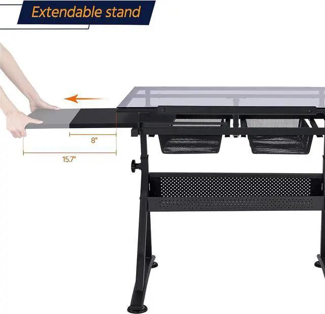 Alt view image 7 of 7 - Yaheetech Drawing Table, Art Craft Desk with Adjustable Tabletop, Painters/Artist Work Station, Study Table with Stool, Tempered Glass Top