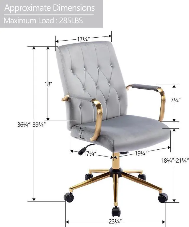 Alt view image 3 of 7 - DUHOME Velvet Home Office Desk Chairs, Modern Gold Task Chair with Wheels for Office, Swivel Adjustable Computer Chair with Armrest and Gold Base Grey