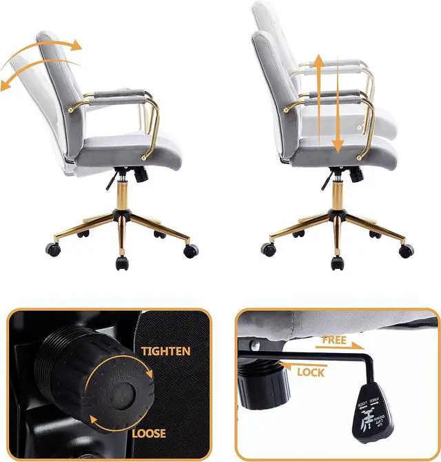 Alt view image 4 of 7 - DUHOME Velvet Home Office Desk Chairs, Modern Gold Task Chair with Wheels for Office, Swivel Adjustable Computer Chair with Armrest and Gold Base Grey