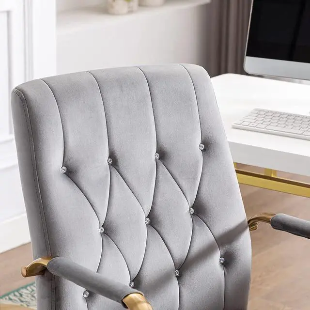 Alt view image 5 of 7 - DUHOME Velvet Home Office Desk Chairs, Modern Gold Task Chair with Wheels for Office, Swivel Adjustable Computer Chair with Armrest and Gold Base Grey