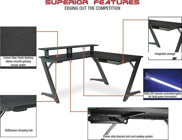 Alt view image 3 of 7 - OSP Home Furnishings Avatar Battlestation L-Shape Gaming Desk with Bluetooth RGB LED Lights and Carbon Fiber Surface, Red