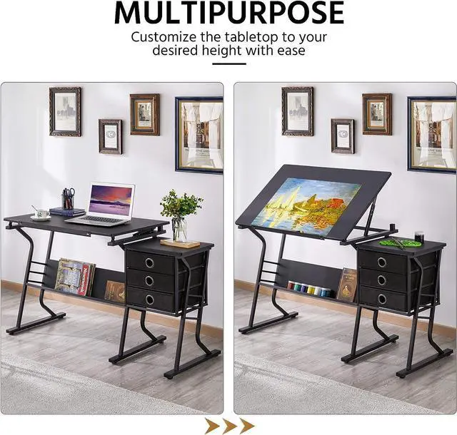 Alt view image 3 of 7 - Topeakmart Height Adjustable Drafting Table Art Craft Desk Work Station Hobby Design Studio Tiltable Tabletop Drawing Desk with Stool & Storage Drawers