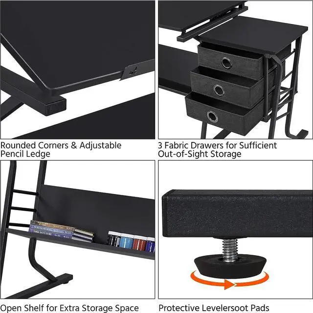 Alt view image 7 of 7 - Topeakmart Height Adjustable Drafting Table Art Craft Desk Work Station Hobby Design Studio Tiltable Tabletop Drawing Desk with Stool & Storage Drawers