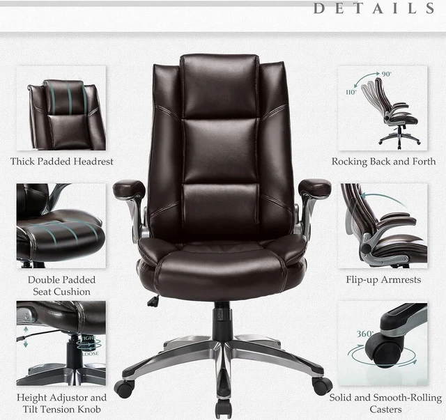 Alt view image 6 of 7 - High Back Leather Executive Office Chair with Padded Flip-Up Arms Adjustable Tilt Lock Swivel Rolling Ergonomic Chair for Working & Study, Brown