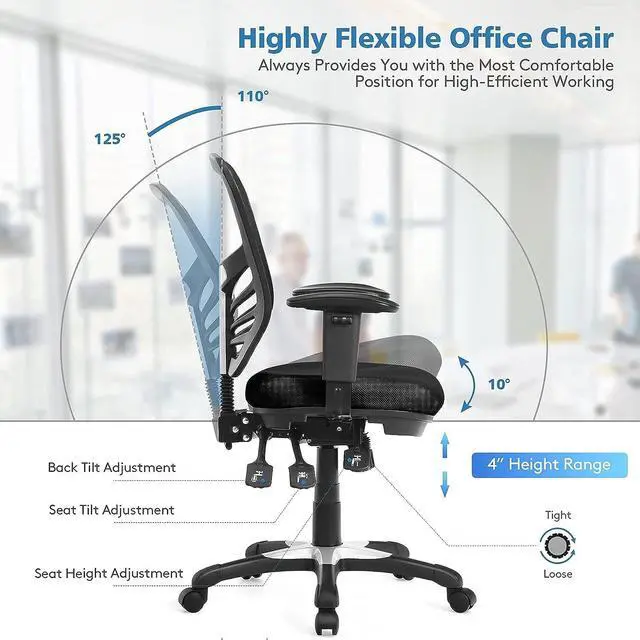 Alt view image 5 of 7 - Giantex Ergonomic Mesh Office Chair, Mid-Back Managers Chair, Reclining Desk Chair w/Height Adjustable Backrest & Armrest, Seat Tilt Adjustment Office Chair for Working Studying Gaming (Black)