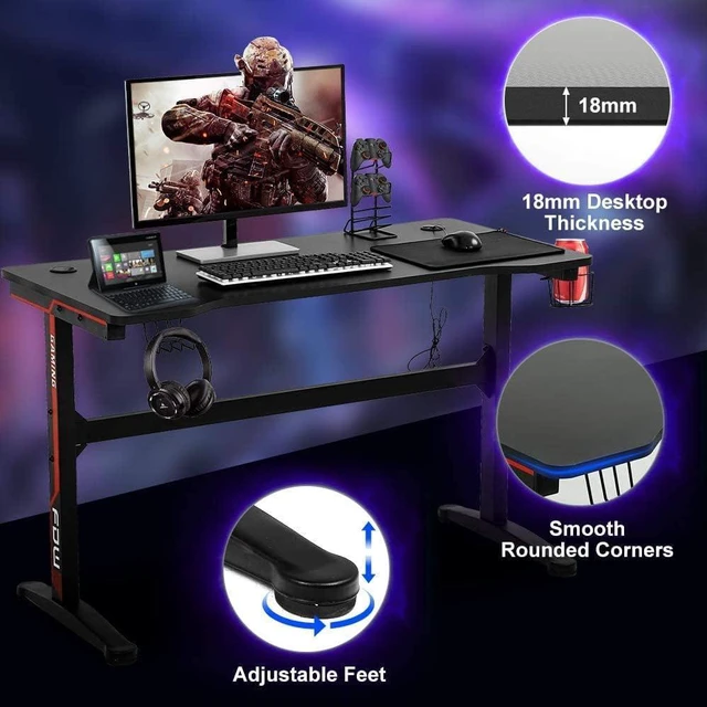 Alt view image 4 of 7 - Dkelincs 47 Inch Gaming Desk T-Shaped Computer Desk PC Computer Table Home Office Desk Ergonomic Gamer Workstation with Headphone Hook and Cup Holder, Red