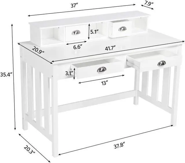 Alt view image 3 of 7 - Topeakmart Wood Writing/Study Desk for Home Office Computer PC Table with 4 Storage Drawers and Solid Pine Wood Legs, White