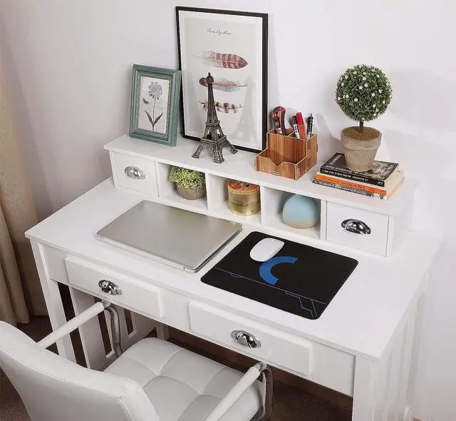 Alt view image 5 of 7 - Topeakmart Wood Writing/Study Desk for Home Office Computer PC Table with 4 Storage Drawers and Solid Pine Wood Legs, White