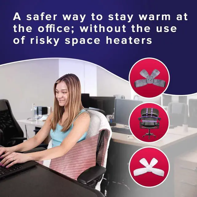 Alt view image 2 of 4 - Cozy Chair Blanket by Snuggle Back; Chair Blanket Wrap Attaches to Any Office Chair for Convenient Warmth and Heat. Stay Warm In The Winter or Summer. Faux Fur with Fluffy Sherpa (Black)