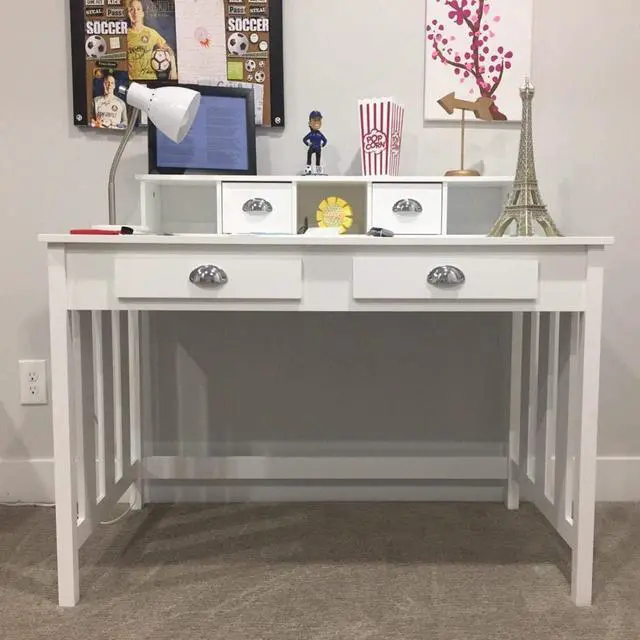 Alt view image 6 of 7 - Topeakmart Wood Writing/Study Desk for Home Office Computer PC Table with 4 Storage Drawers and Solid Pine Wood Legs, White
