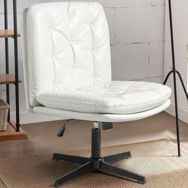 LEMBERI PU Leather Armless Office Desk Chair No Wheels,Criss Cross Legged  Home Office Wide Padded Swivel Vanity Chair,120°Rocking Mid Back Ergonomic