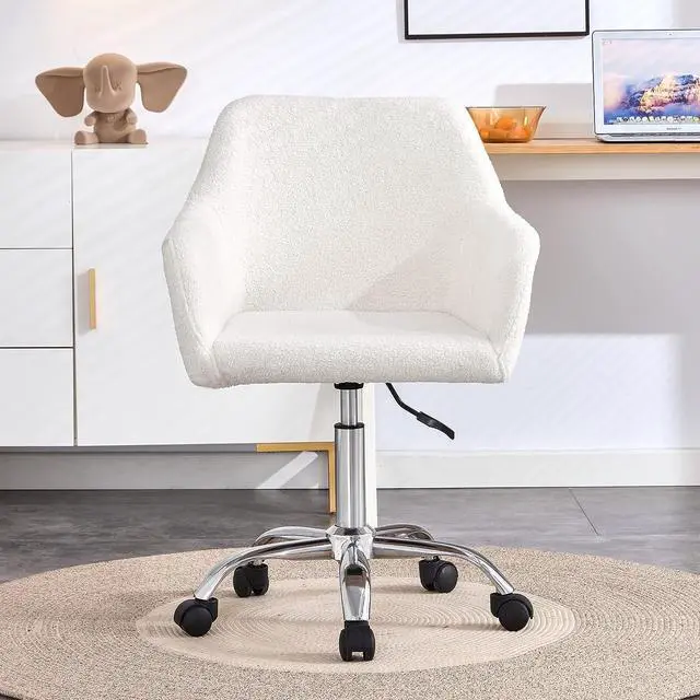 Alt view image 3 of 7 - SSLine Faux Fur Vanity Chair Elegant White Furry Makeup Desk Chairs for Girls Women Modern Comfy Arm Chair with Wheels in Bedroom Living Room(White&Silver)