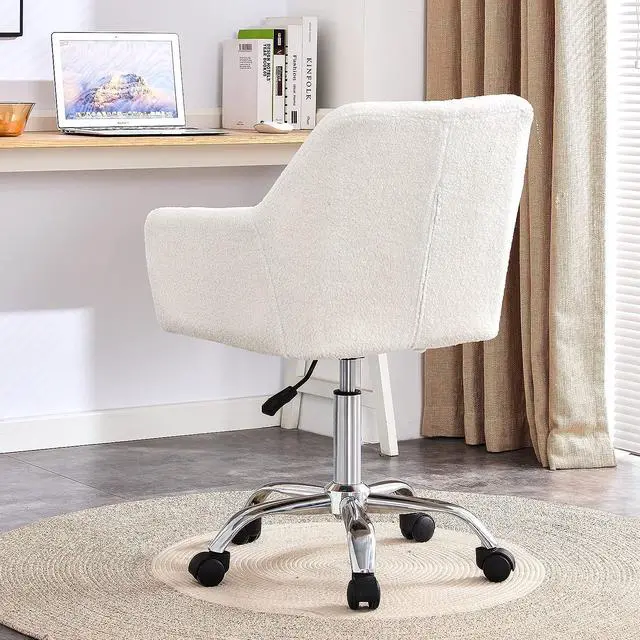 Alt view image 4 of 7 - SSLine Faux Fur Vanity Chair Elegant White Furry Makeup Desk Chairs for Girls Women Modern Comfy Arm Chair with Wheels in Bedroom Living Room(White&Silver)