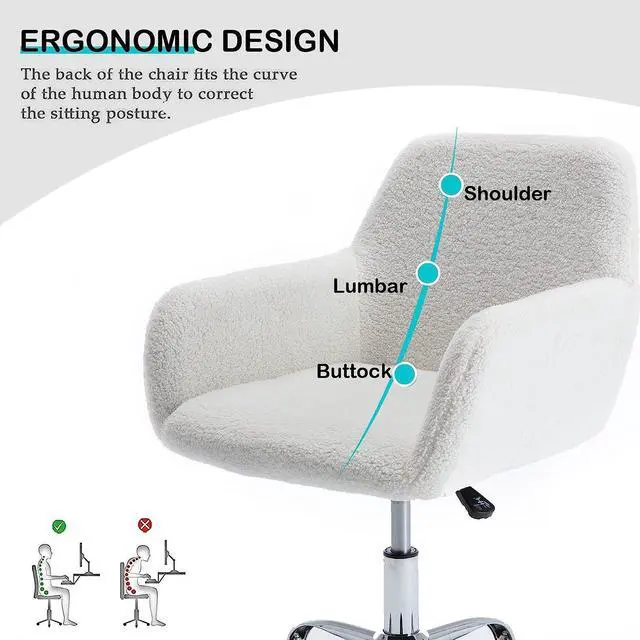 Alt view image 5 of 7 - SSLine Faux Fur Vanity Chair Elegant White Furry Makeup Desk Chairs for Girls Women Modern Comfy Arm Chair with Wheels in Bedroom Living Room(White&Silver)