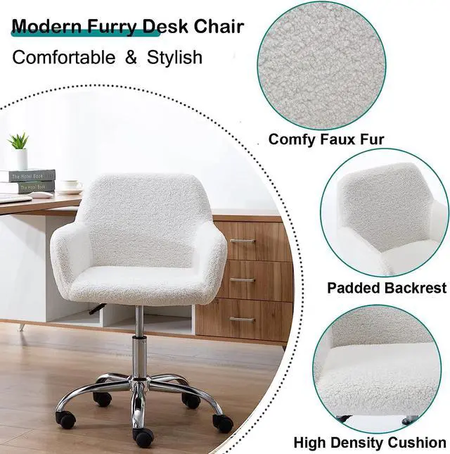 Alt view image 6 of 7 - SSLine Faux Fur Vanity Chair Elegant White Furry Makeup Desk Chairs for Girls Women Modern Comfy Arm Chair with Wheels in Bedroom Living Room(White&Silver)