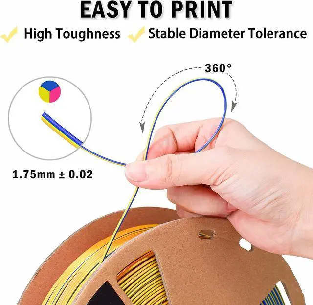 Alt view image 4 of 7 - OVV3D 3D Printer Filament, Tri-Colors PLA Filament 1.75mm, Coextrusion Silk PLA Filament, Rainbow PLA Filament with Silk PLA Red-Yellow-Blue, 3D Printing Filament +/-0.02mm, 1kg