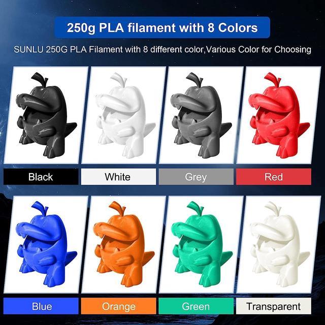 SUNLU 250g PLA Filament 1.75mm, 3D Printer Filament, Dimensional Accuracy  +/- 0.02 mm, 0.25 kg Spool, 8 Rolls,  Black+White+Grey+Transparent+Red+Blue+Orange+Green, Welcome to consult 