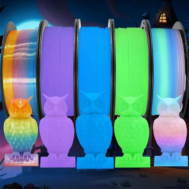 Main image of 1.75mm PLA 3D Printer Filament Bundle: Glow in Dark Green/Blue/Purple/Rainbow, One Spool Clear Multi Colored, Each Spool 250g, Total 1.25Kg 3D Printing Material, 250g x 5 Spools Glow in Dark PLA