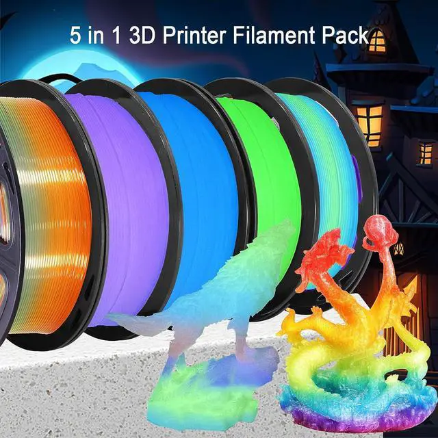 Alt view image 2 of 5 - 1.75mm PLA 3D Printer Filament Bundle: Glow in Dark Green/Blue/Purple/Rainbow, One Spool Clear Multi Colored, Each Spool 250g, Total 1.25Kg 3D Printing Material, 250g x 5 Spools Glow in Dark PLA