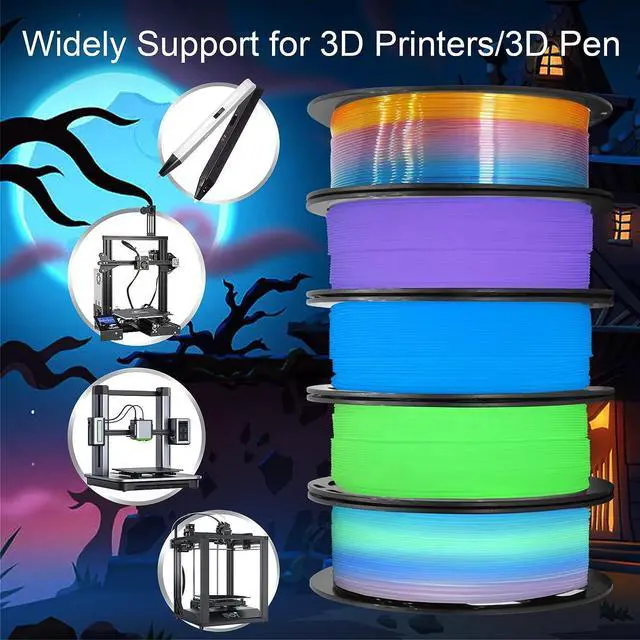 Alt view image 4 of 5 - 1.75mm PLA 3D Printer Filament Bundle: Glow in Dark Green/Blue/Purple/Rainbow, One Spool Clear Multi Colored, Each Spool 250g, Total 1.25Kg 3D Printing Material, 250g x 5 Spools Glow in Dark PLA
