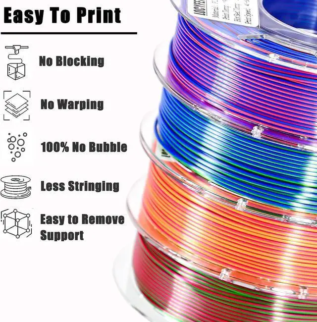 Alt view image 5 of 7 - 3D Printer Filament PLA, Rainbow PLA Filament 1.75mm +/-0.02mm, Silk PLA Dual Color Filament, 2 in 1 Coextrusion 3D Filament Bundle 200g x 4 Spools