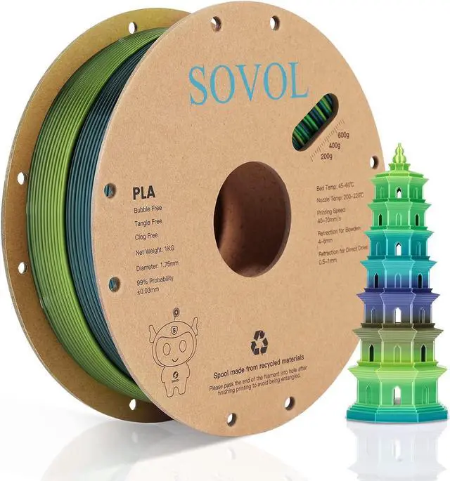 Main image of Sovol 3D Printer Silk Shiny Gradient Multicolored Fast Change Rainbow PLA 1kg (2.2 lbs) Spool 3D Printing Materials, Wiring Tightness, Dimensional Accuracy +/- 0.03 mm, 1.75 mm, Green Rainbow