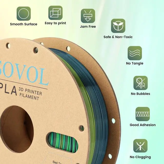 Alt view image 4 of 7 - Sovol 3D Printer Silk Shiny Gradient Multicolored Fast Change Rainbow PLA 1kg (2.2 lbs) Spool 3D Printing Materials, Wiring Tightness, Dimensional Accuracy +/- 0.03 mm, 1.75 mm, Green Rainbow