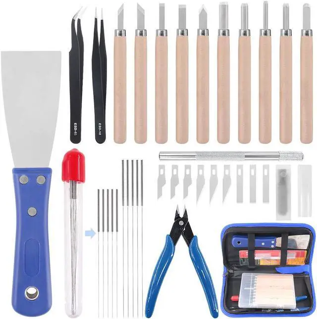Main image of Glarks 34Pieces 3D Printer Nozzle Cleaning Removal Tool Kit, Including 0.35mm 0.4mm Cleaning Needles, Wood Carving Tools Kit, Knife Clean Up Kit, Tweezers, Scraper, Wire Cutter