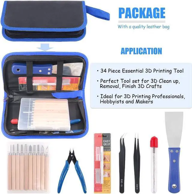 Alt view image 7 of 7 - Glarks 34Pieces 3D Printer Nozzle Cleaning Removal Tool Kit, Including 0.35mm 0.4mm Cleaning Needles, Wood Carving Tools Kit, Knife Clean Up Kit, Tweezers, Scraper, Wire Cutter